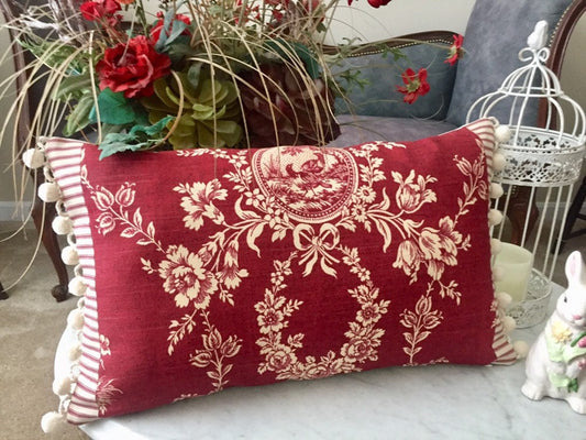 Waverly Country House Burgundy Red Floral Toile Pillow Cover