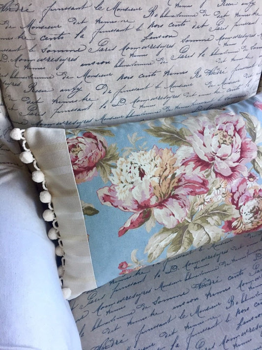 Fleuretta Mist Blue Floral Pillow Cover With Trim