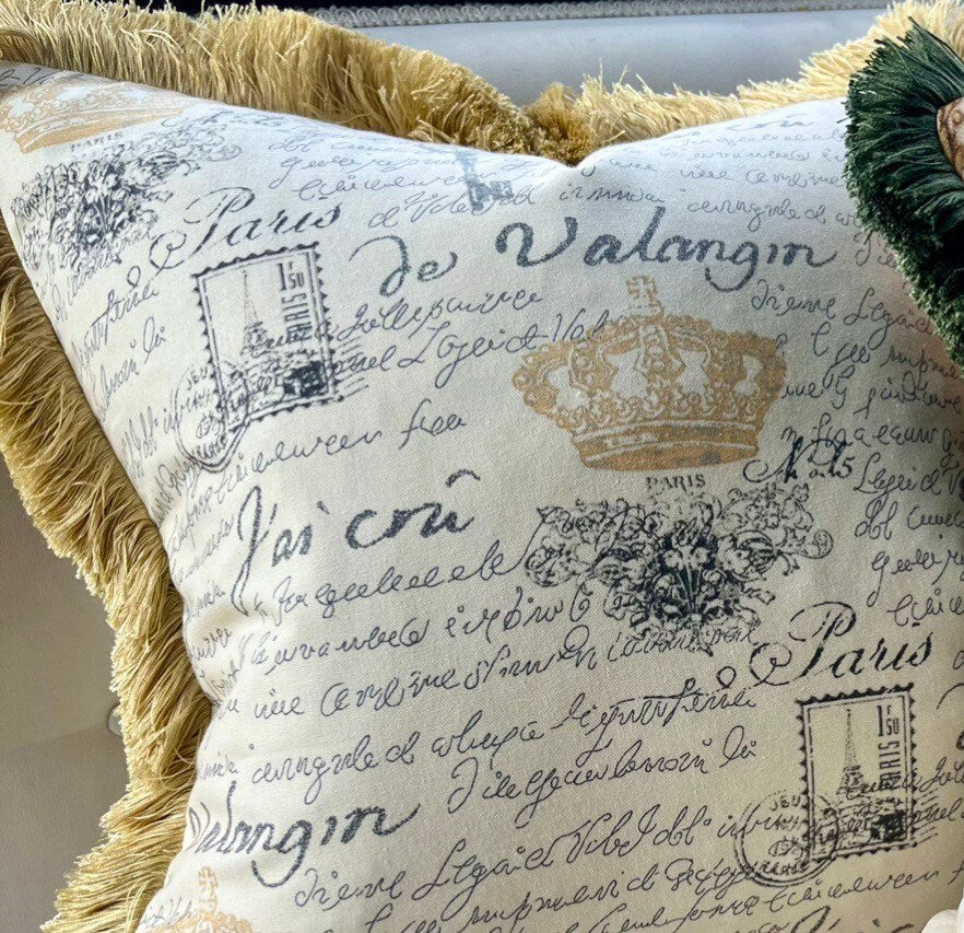 Waverly French Script Gold Toile Pillow Cover