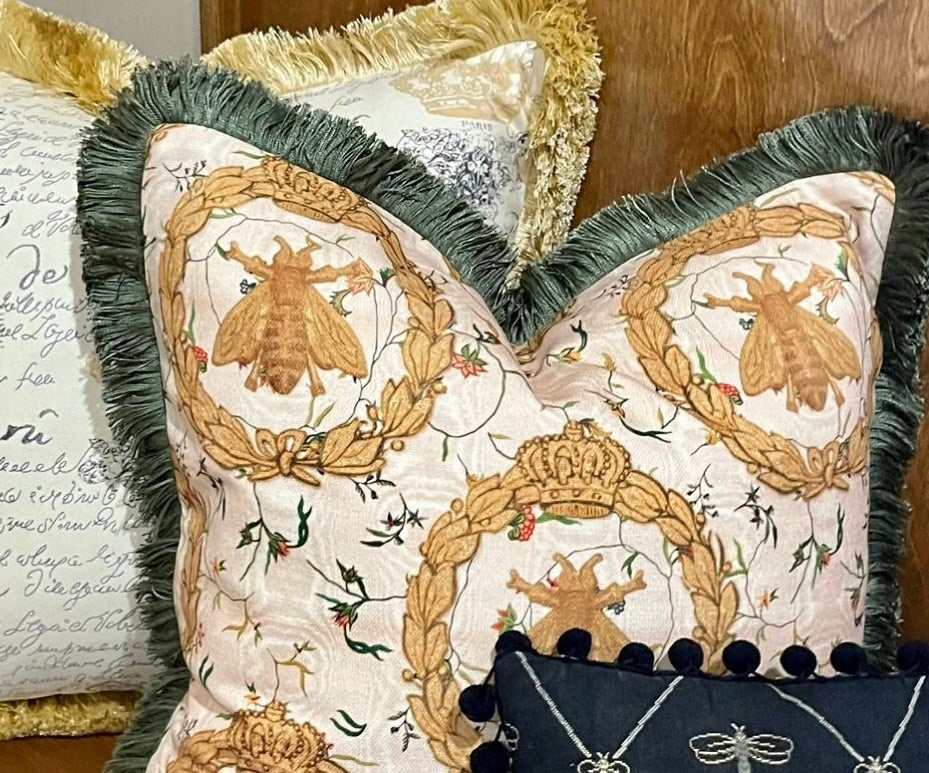 French Queen Bee Pillow Cover with Trim