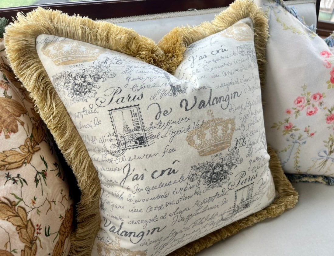 Waverly French Script Gold Toile Pillow Cover