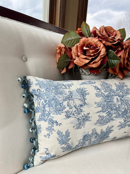 Blue Cream Toile Pillow Cover with Trim